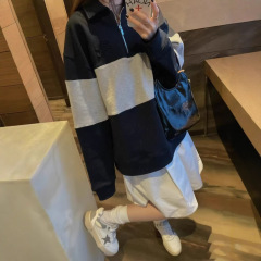 MM家秋冬贴布刺绣拼接撞色廓形半拉链卫衣男女同款polo宽松上衣潮