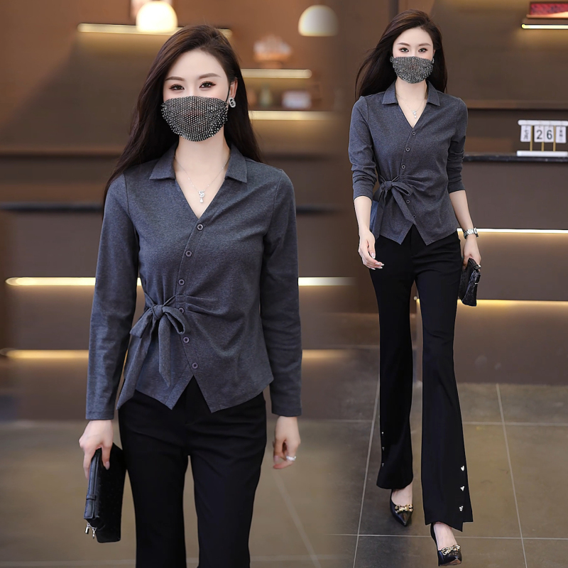 时尚洋气V领T恤女2025早秋新款设计感小众宽松显瘦百搭打底衫上衣|undefined