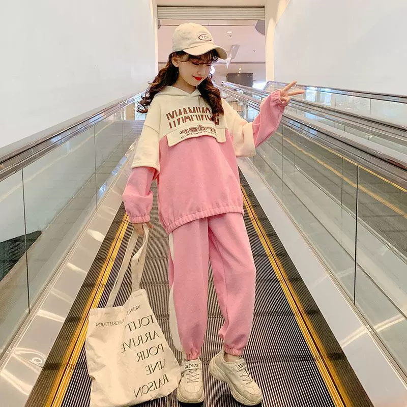 Костюм для девочек, весна и осень 2021, новинка, Повседневная индивидуальная детская одежда в западном стиле, большой детский спортивный Модный комплект из двух предметов