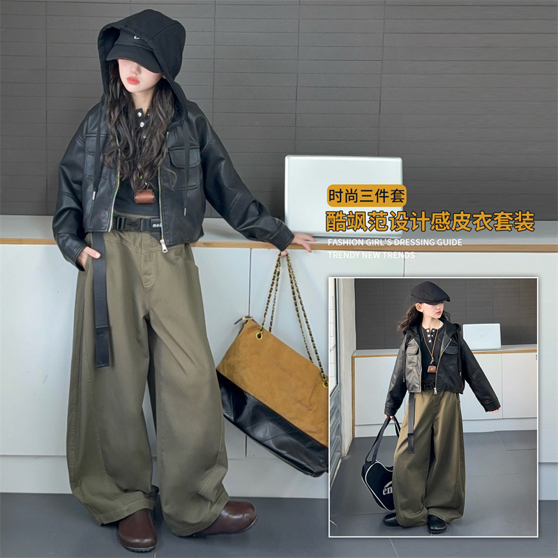 Girls' Autumn and Winter Outfit 2025 New Stylish Casual Leather Jacket and Wide-Leg Pants Three-Piece Set for Older Girls