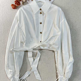 南油25秋冬纯欲风POLO领白色衬衫设计感绑带短款衬衫感气质上衣