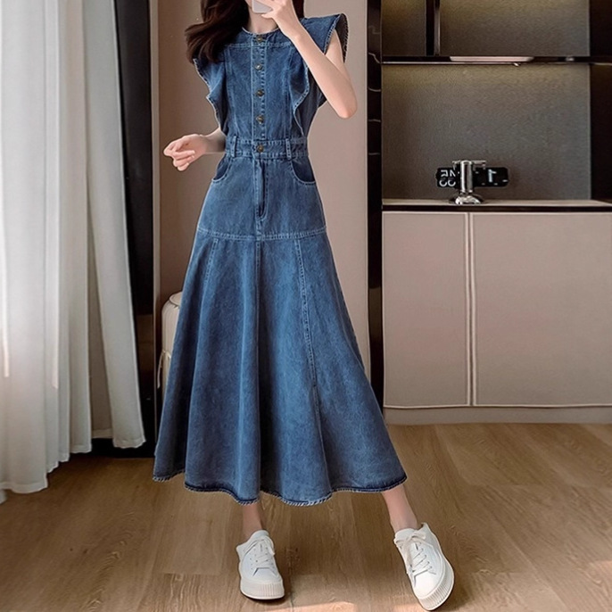 French-Style Small Flutter Sleeve Denim Dress for Women, Spring and Autumn 2025 New Design, Niche, Age-Reducing, Elegant, Over-The-Knee Long Dress