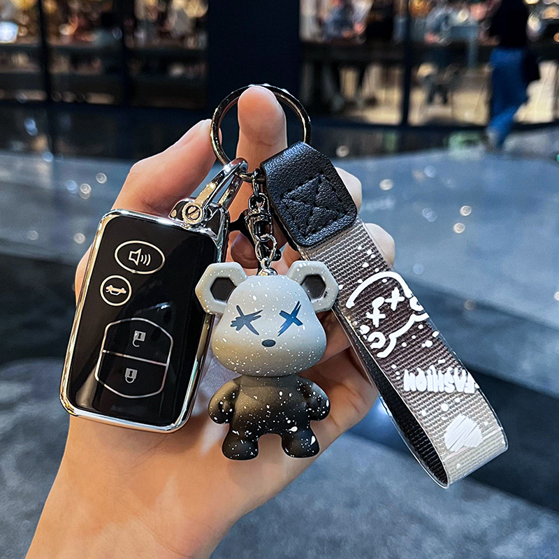 도요타 I-스마트 4 키 [싱글 쉘 블랙] + 그레이 폭력 곰 펜던트