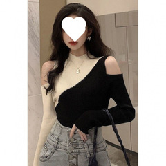 春秋新款半高领长袖露肩针织衫撞色修身短款打底衫上衣女装潮