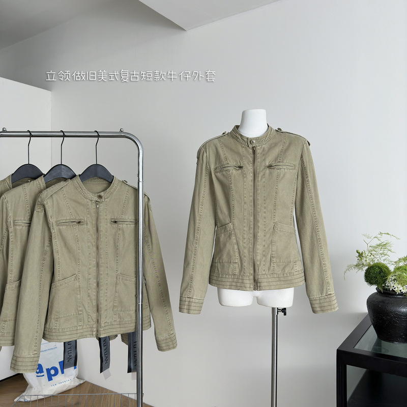 Stand Collar Distressed American Retro Short Denim Jacket for Women, Early Autumn New Style, Regular Shoulder Jacket Top