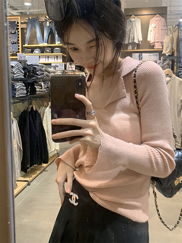 粉色长袖针织衫夏季设计感修身内搭打底衫女装polo领毛衣ins上衣|undefined