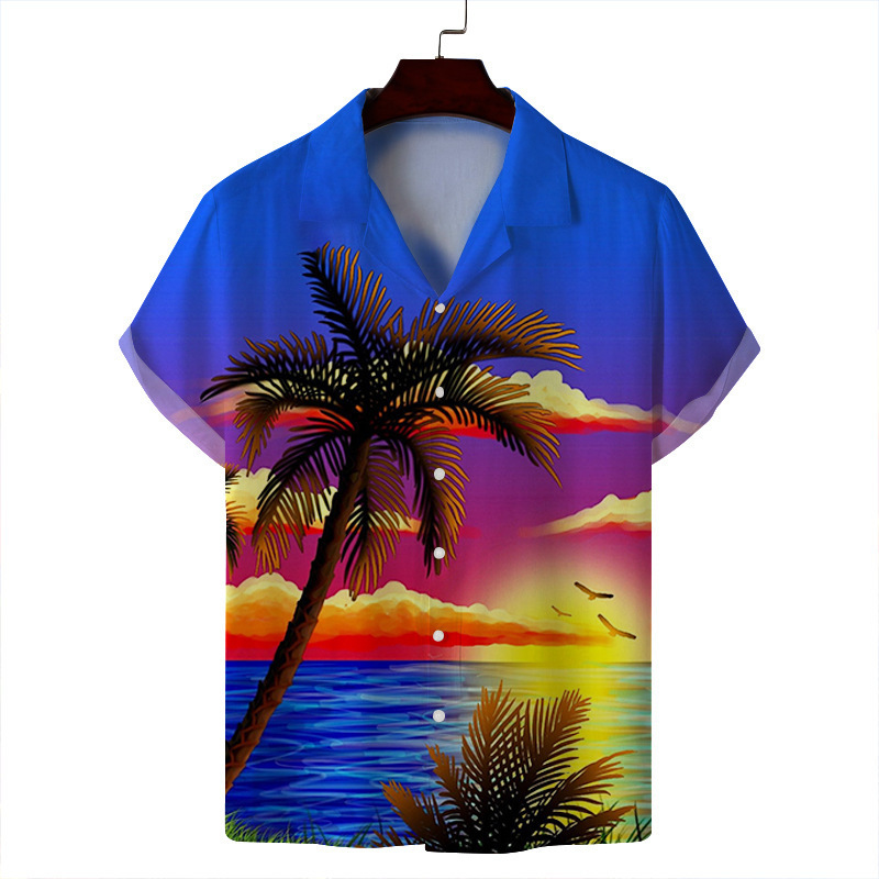 2024 verano hombre delgado casual cuello cubano moda cara hawaiana elástica camisa de manga corta con estampado digital 3D