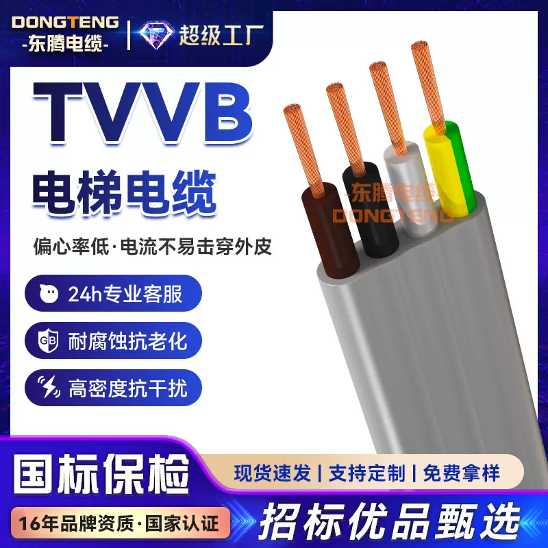 东腾电梯随行扁平电缆TVVB伸缩门扁线耐弯折电线多芯行车专用线