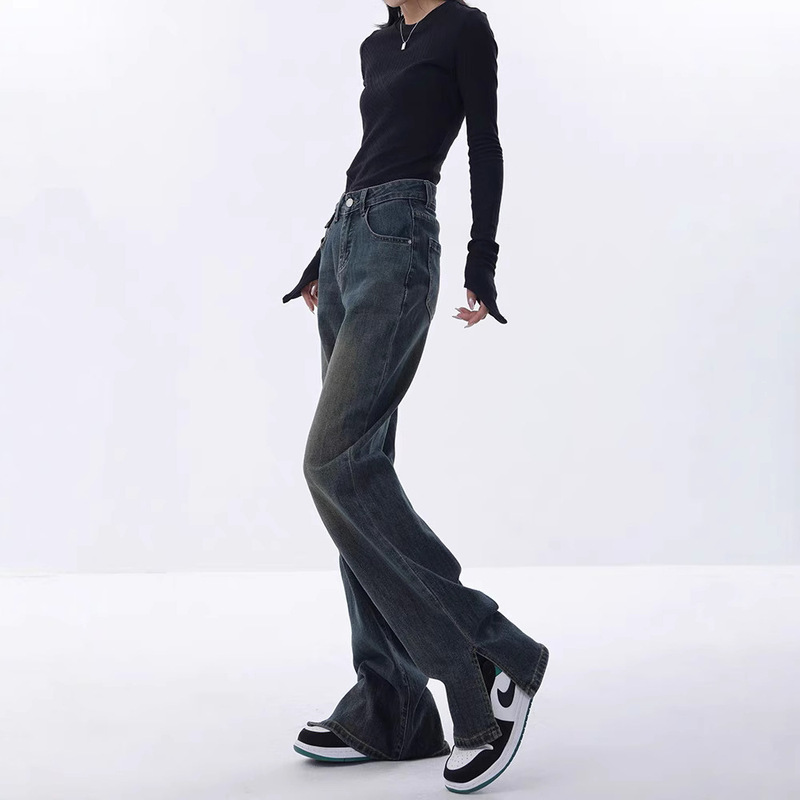 KEN STUDIO Autumn New Jeans Women's Split Design Sense Casual Straight Pants Mop Pants