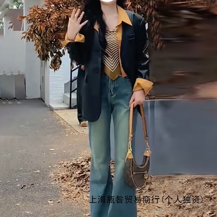 Fake Two-Piece Shirt and Leather Jacket for Women, New Spring and Winter Style, Melard Style Outfit, Brown and Coffee-Colored Top