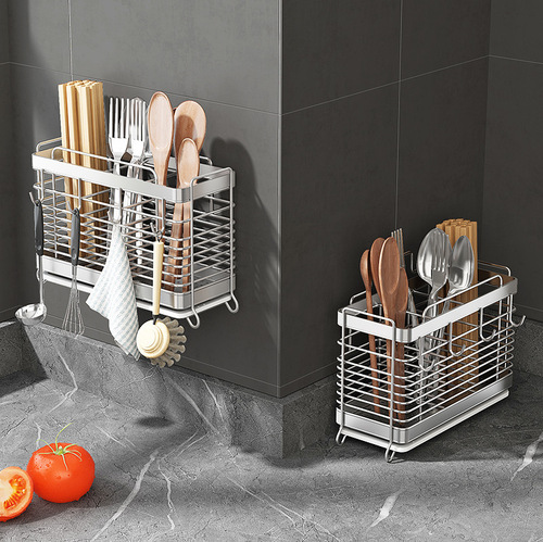Stainless steel kitchen chopstick barrel knife and fork storage box multi-functional drain rack wall-mounted chopstick cage household