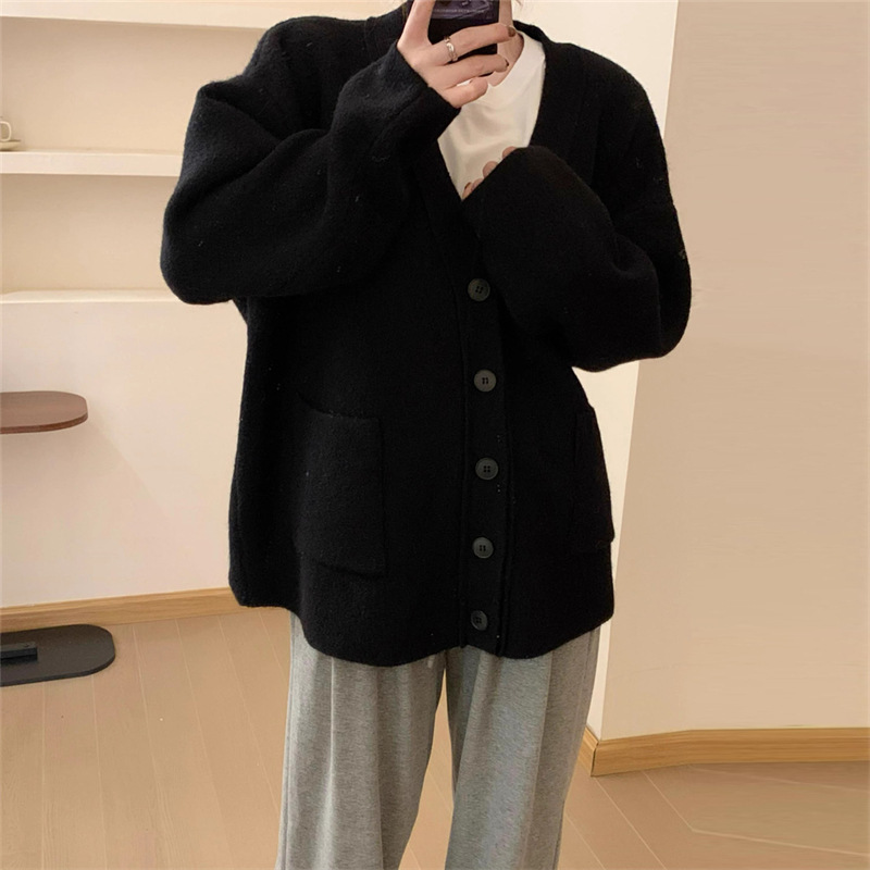 V领毛衣外套女2025秋冬新款简约休闲宽松慵懒风韩版针织开衫上衣|undefined