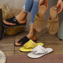 欧美跨境外贸大码2025年新款休闲平底罗马风流苏分趾外穿拖鞋女