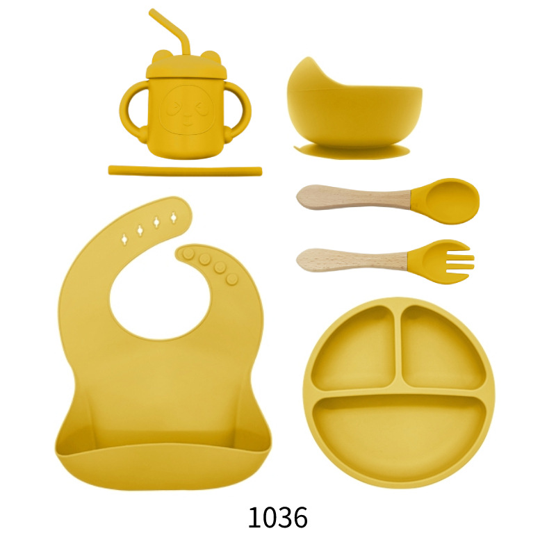 1036-6 피스 세트 578g (턱받이 그릇, 디너 플레이트, 흡입 튜브 컵, 나무 손잡이, 포크 및 숟가락)
