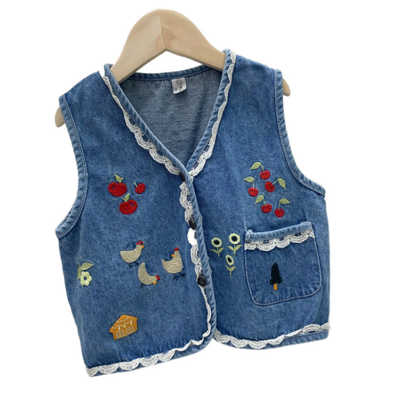 女の子のデニムのベストの刺繍の秋のタイプ2025春秋は女の子の肩の赤ちゃんの洋風のベストのコートのファッションを詰めます。|undefined