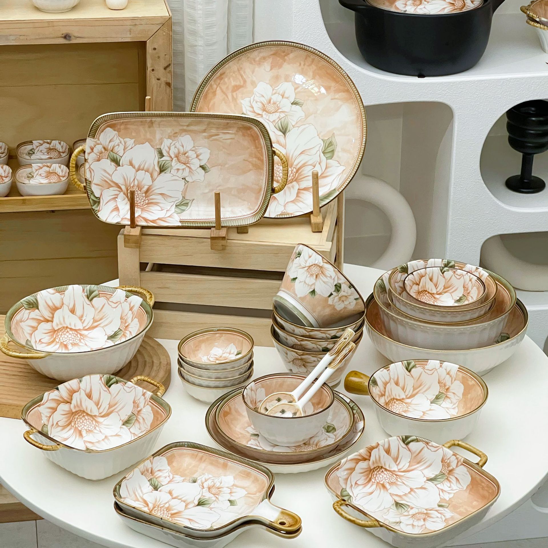 Vintage Nordic Chrysanthemum Home Ceramic Rice Bowl Dish Fish Plate Sauce Dish Open Flame Clay Pot Tableware Set Wholesale