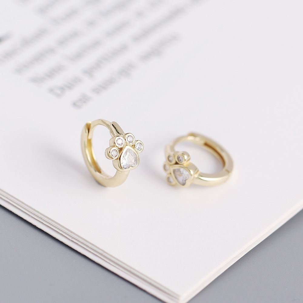 925 Sterling Silver Material Paw Print Pattern 1 Pair 925 Sterling Silver Zircon Paw Print Hoop Earrings