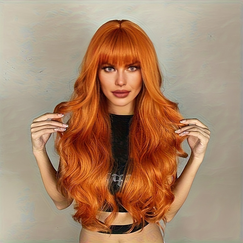 Cross-Border European and American Style Ginger-Orange Long Wavy Wig for Women, Carnival Fashion Air Bangs, Korean Style Full Wig Cross-Border European and American Style Ginger-Orange Long Wavy Wig for Women, Carnival Fashion Air Bangs, Korean Style Full Wig