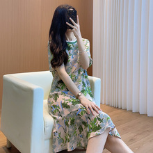 绿花真丝连衣裙女夏季2025年新款轻奢洋气高档桑蚕丝鱼尾裙T恤裙