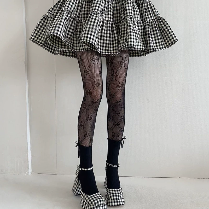 Туники женские кружевные лосины в японском стиле Lolita, тонкие колготки, one size (чёрные/белые)