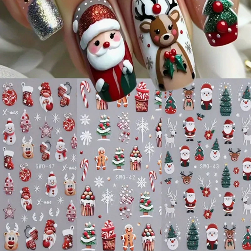 2024 трансграничный новый рождественский маникюрный наклейка рельефный стерео розовый пингвин мультфильм лося снежинка ногти наклейки