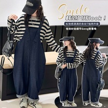 女童牛仔背带裤套装 秋季新款童装2025中大童女孩条纹T长裤两件套