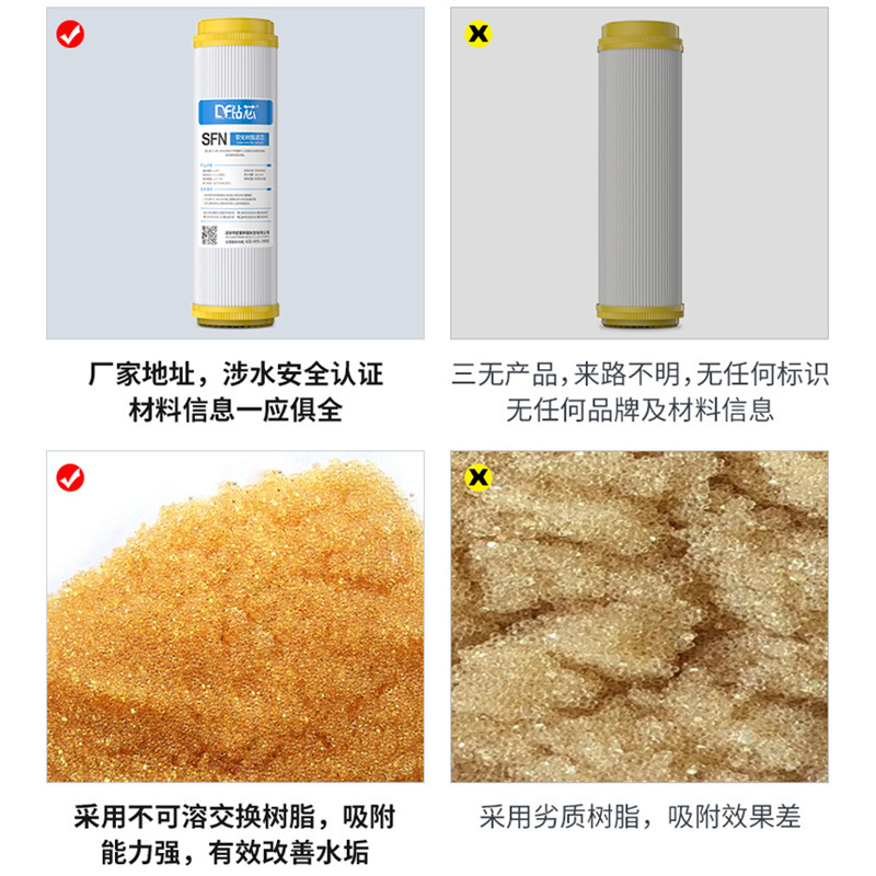 Elemento de filtro de resina de ablandamiento y desincrustación Purificador de agua de 10 pulgadas de 20 pulgadas Agua de grifo universal Purificador de agua doméstica Accesorios de elemento de filtro