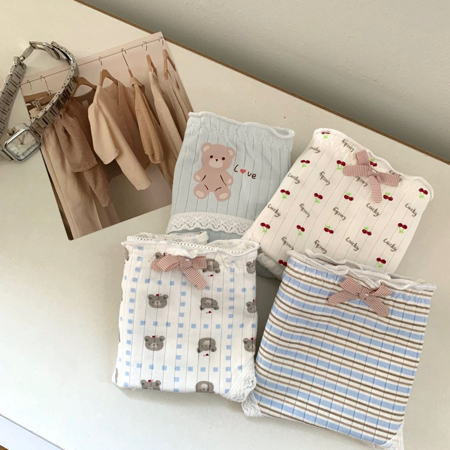 Japanese-Style Cute Pure Cotton Panties for Girls, Student Cartoon Bear Mid-Waist All-Cotton Antibacterial Crotch Briefs