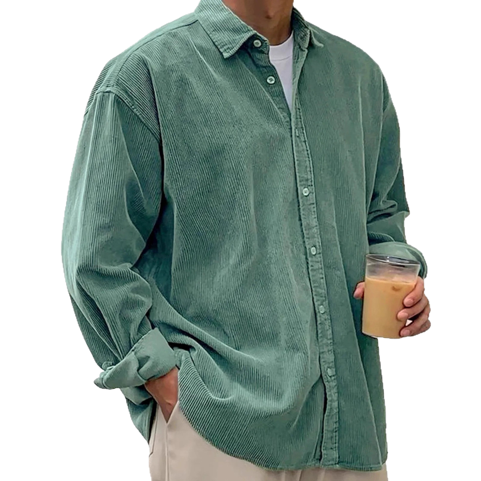 Men's Casual Loose Solid-Color Corduroy Lapel Shirt_viptrois.com