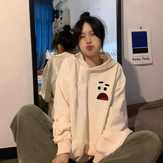 美式vintage卫衣女大码胖妹妹mm杏色印花设计感百搭连帽上衣外套