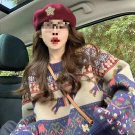 感复古提花毛衣女秋冬加厚2025新款时尚慵懒风小众宽松圆领针织衫