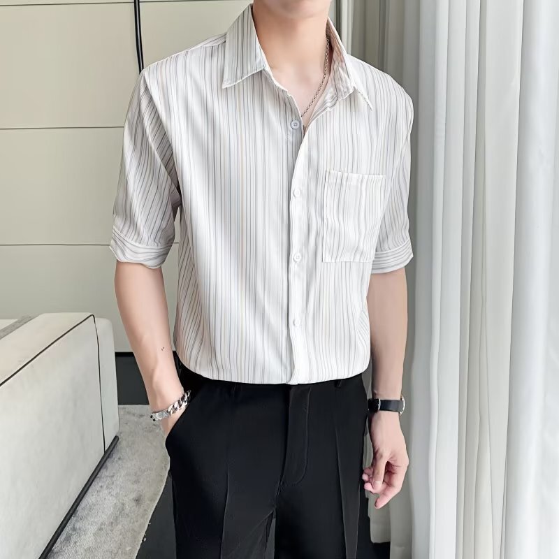 Summer Seven-point Sleeve Lace Hollow Shirt Men's Korean-style Trendy Stylist Short-sleeved Men's Nightclub Transparent Stripe Shirt