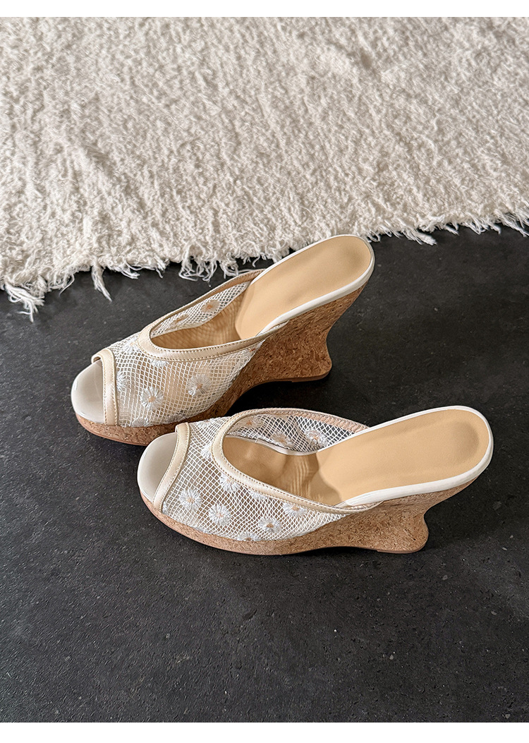 Sandal cao gót nữ hở mũi phong cách nghỉ dưỡng, đế xuồng thoáng khí, ren lưới, quai ngang, gót siêu cao — Hoa cúc nhỏ, Đính kim cương lấp lánh chi tiết 25