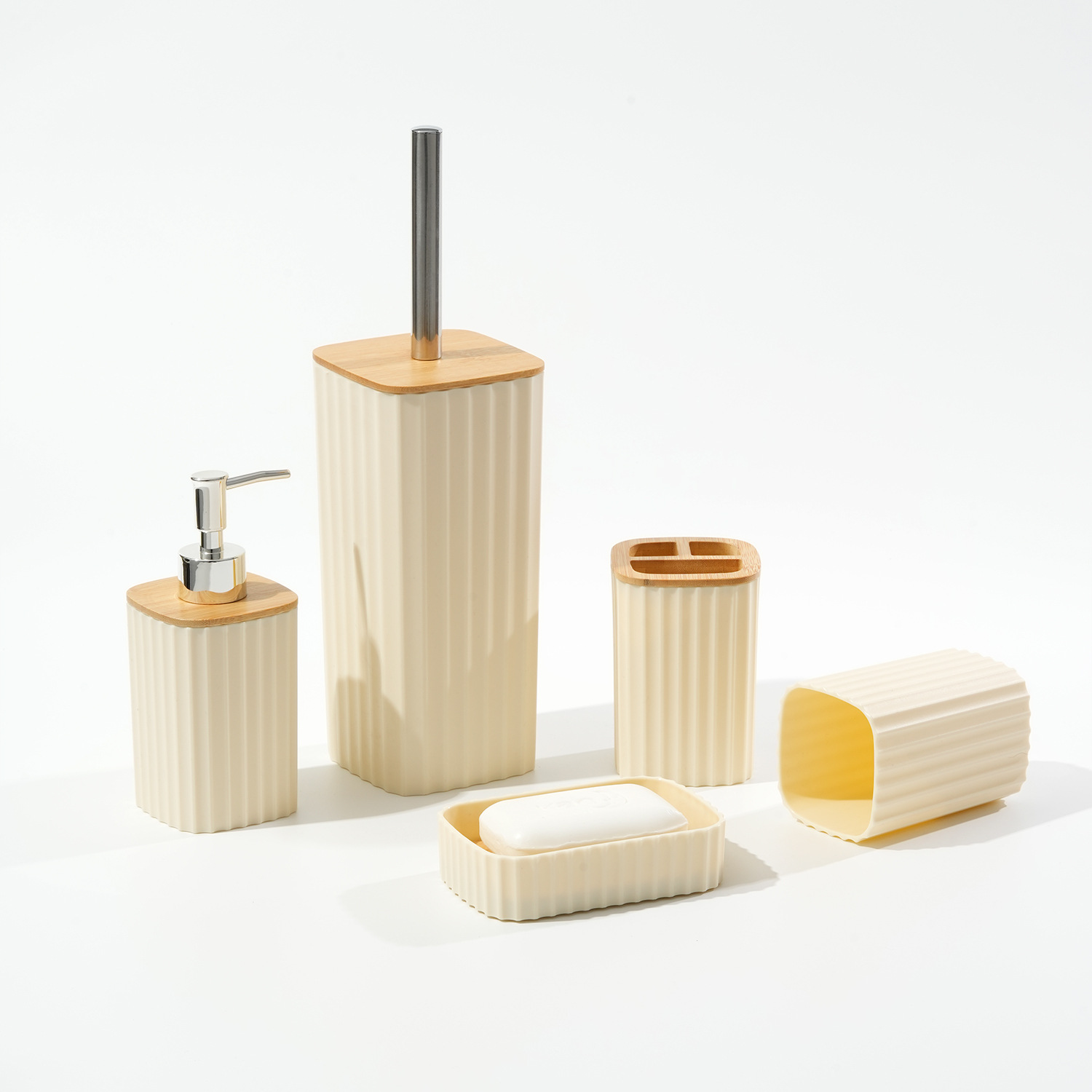 Baño de rayas cóncavas de 5 piezas conjunto de cepillo de inodoro de rayas verticales domésticas botella de embalaje de emulsión de cepillo de dientes taza caja de jabón conjunto
