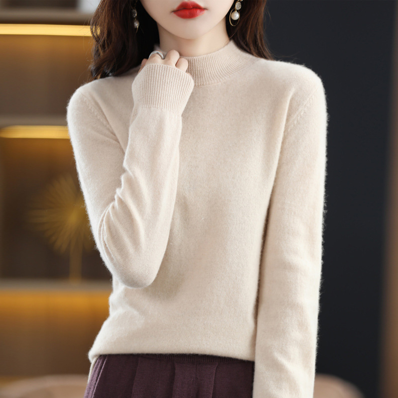 Half-Turtleneck Wool Sweater for Women, 100% Pure Wool, Worn with a Suit Coat, Knitted Base Layer Sweater for Autumn and Winter
