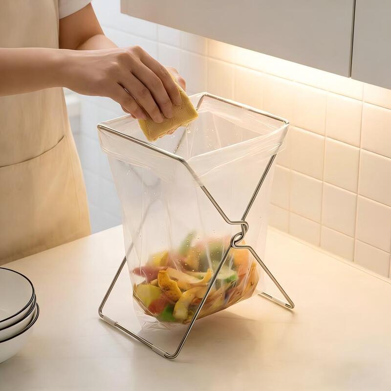 Creative Stainless Steel Multifunctional Garbage Bag Holder Foldable Plastic Bag Storage Rack Outdoor Kitchen Bag Mini