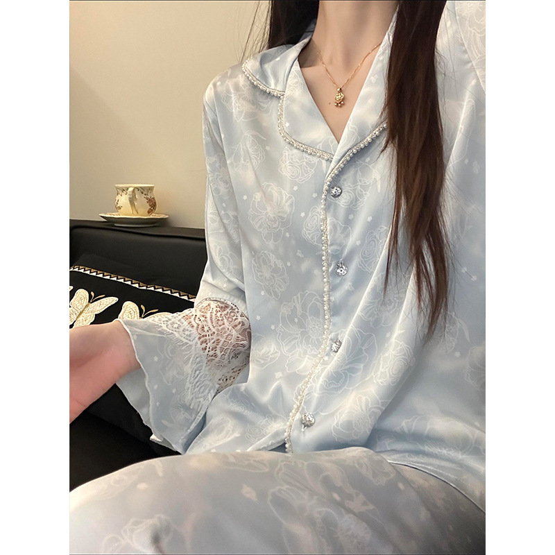 高级轻奢蕾丝花边长袖睡衣女春秋款新款网红大码冰丝家居服两件套|undefined