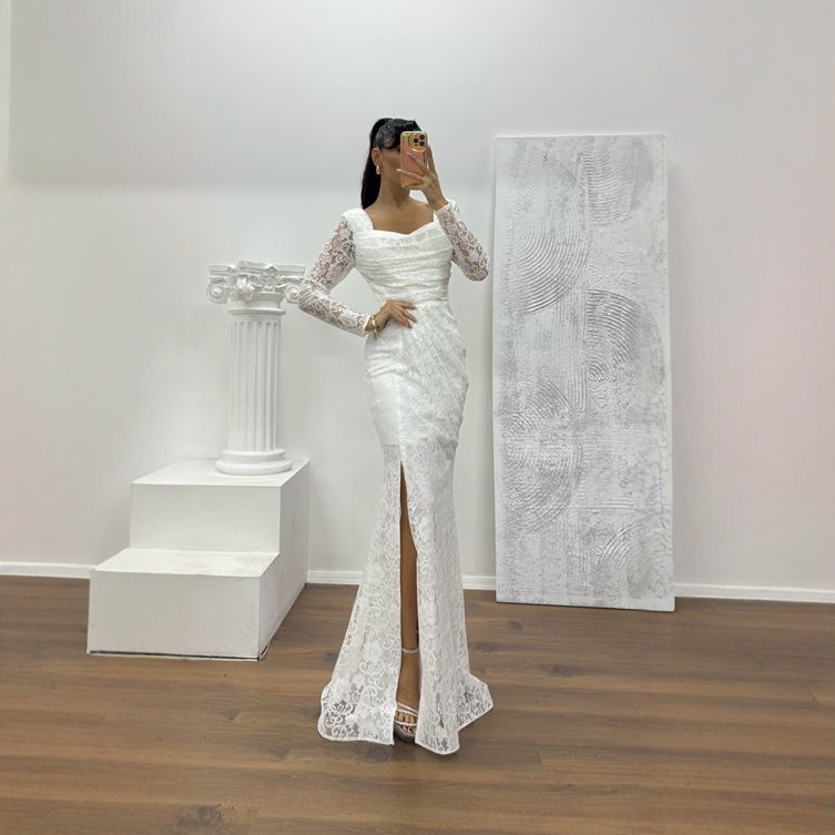 2025 New European and American Style Lace Long-Sleeved Fishtail Evening Dress Slim Slit Banquet Wedding Dress Long Skirt