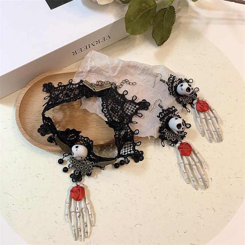Vintage Schwarze Spitze Skelett Grab Halskette Dunkle Hals Accessoires Übertrieben Halloween Goth Ohrringe_voghion.com