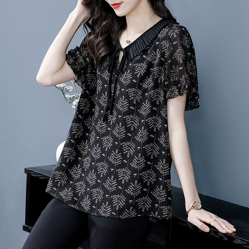 Летняя шифоновая свободная темпераментная рубашка большого размера 240 кг с короткими рукавами и цветочным принтом, топ, женская одежда среднего возраста