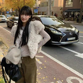 1天 2025冬季新款韩国东大门宽松设计感圆领皮毛一体短袖马甲外套