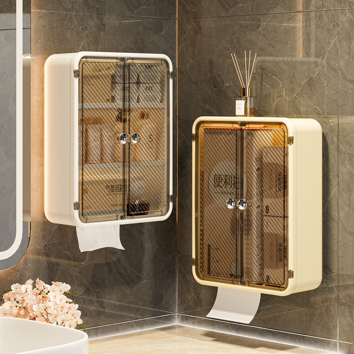 Double-Door High-End Wall-Mounted Tissue Box Bathroom High-End Waterproof Punch-Free Large Storage Box