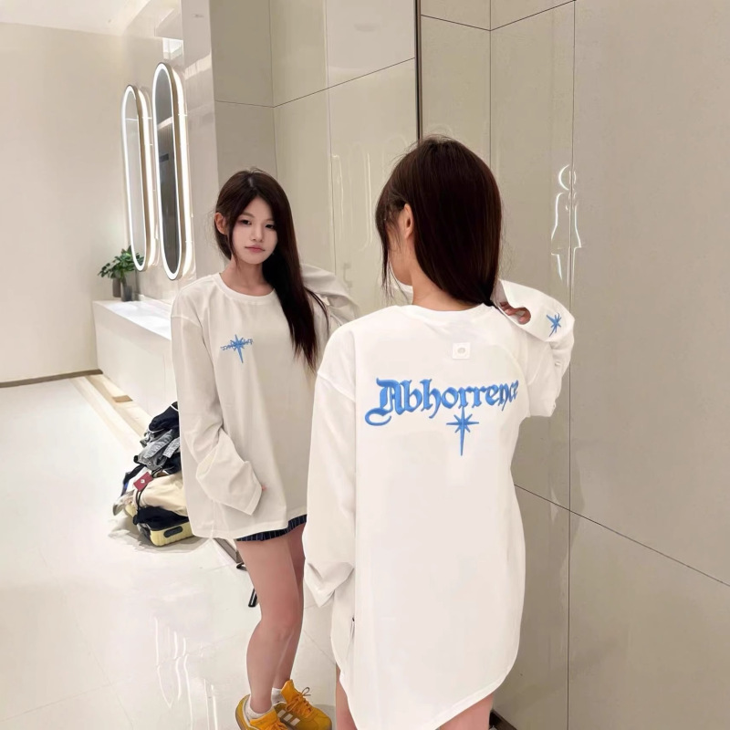 美式高街哥特标语刺绣纯棉长袖t恤女春秋复古宽松潮牌情侣装上衣|undefined
