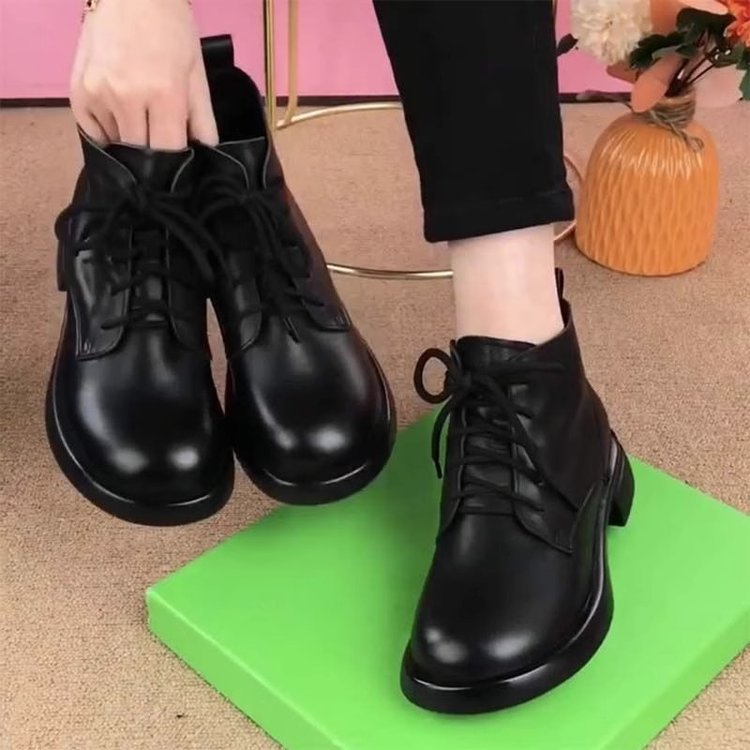 Flat Short Boots for Women 2025 Autumn and Winter New Round Toe Lace-Up British Style Soft Sole Fleece-Lined Warm Boots Single Boots