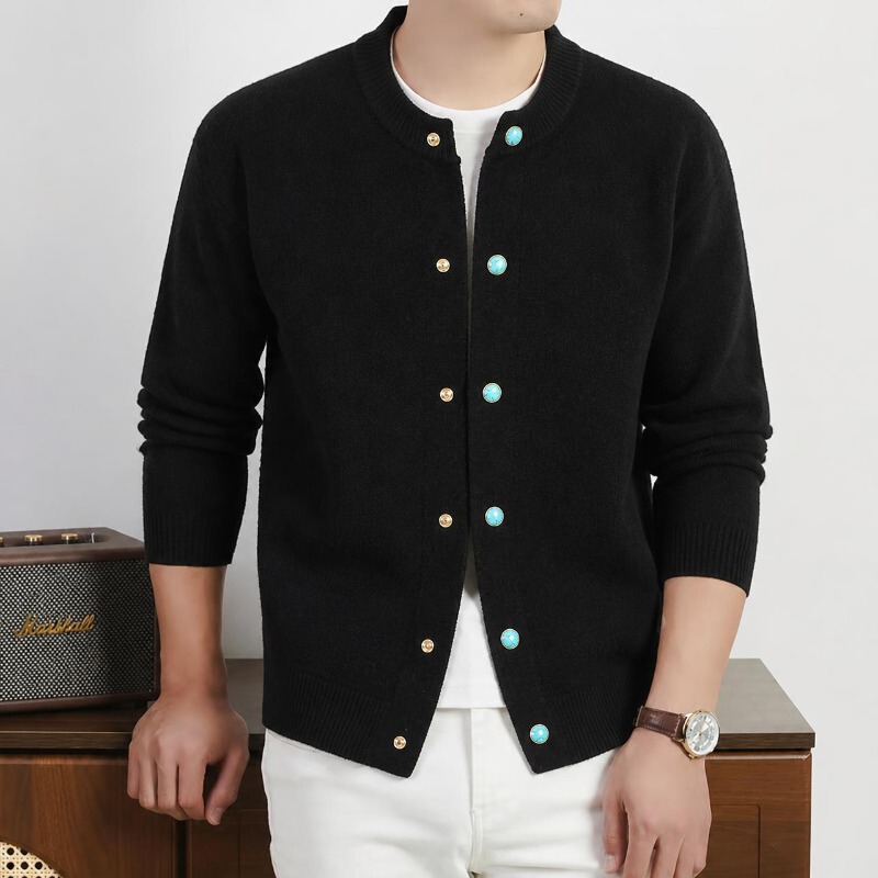 Cross-border Puyuan drop-shipping vintage old money style turquoise sweater cardigan for men, autumn American high-end casual knitwear
