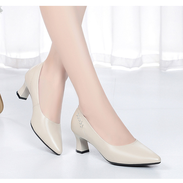 Giày cao gót nữ mũi nhọn da thật gót thô chống trượt — Màu be chi tiết 19