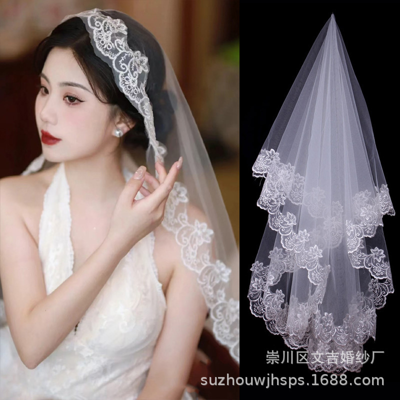 French Retro Lace Veil Bridal Main Wedding Dress Trailing Wedding Pure White Black Veil Cover Head Factory Outlet