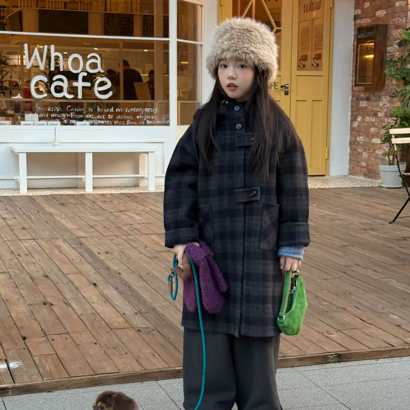 花与寻童装女童大衣2025冬款韩版高定格纹双面羊毛呢大衣儿童保暖