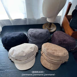 韩系复古平顶纯色灯芯绒马术帽女款休闲百搭显脸小大头围骑士帽子