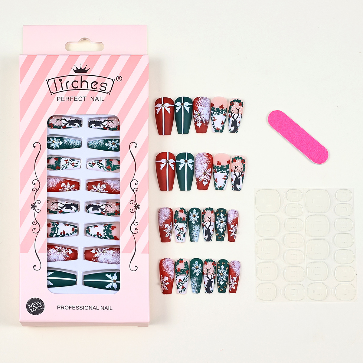 36g Weight Christmas Festival Bow Knot, Snowflake Pattern Sweet Style Christmas Sweet Bow Knot Snowflake Press On Nails 5
